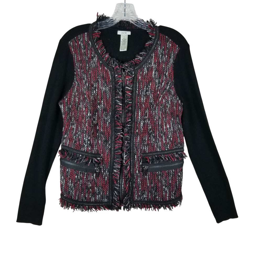 Cache Cardigan Jacket Womens XL Black Red Tweed Fringe Mixed Media Zip Up